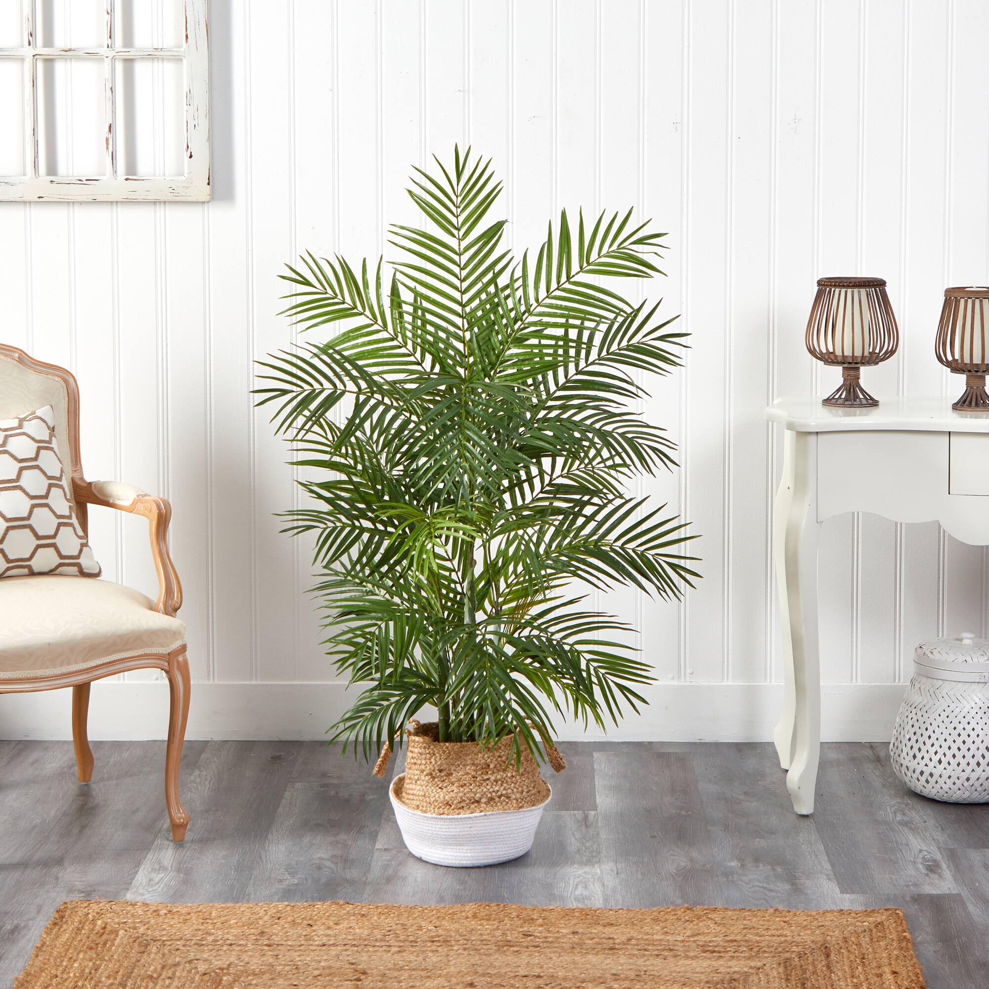 4ft. Areca Artificial Palm in Boho Chic Handmade Cotton & Jute White Woven Planter
